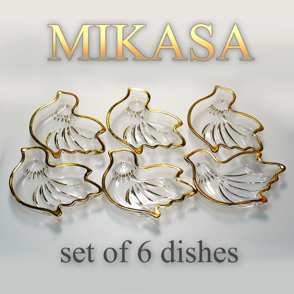 Set of 6 Vintage Mikasa Crystal Dove Dishes with Gold Trim